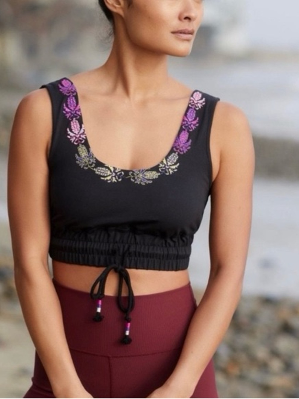 Free People Black Cropped Tank with Pink & Gold Embroidery